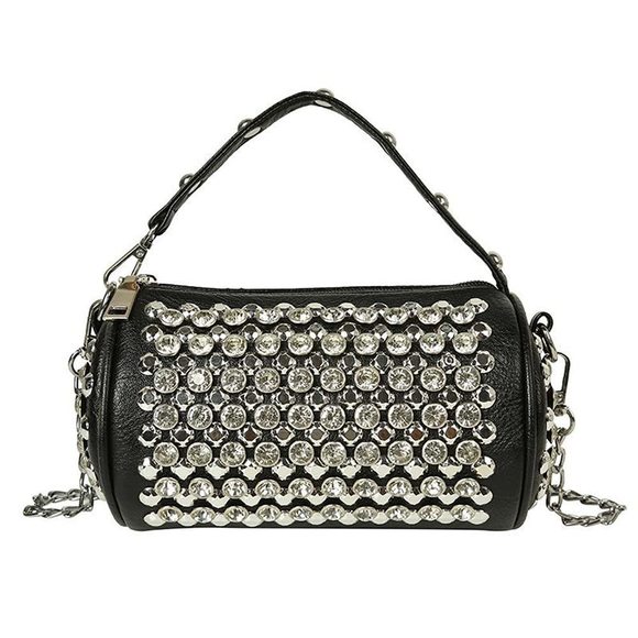 Rhinestone Cylinder Crossbody Bag Sparkling Barrel Purse Mini Tote :< - Picture 1 of 5